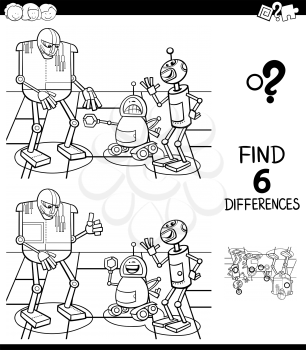 Black and White Cartoon Illustration of Finding Six Differences Between Pictures Educational Game for Children with Funny Robots Characters Coloring Book