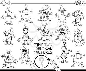 Black and White Cartoon Illustration of Finding Two Identical Pictures Educational Game for Children with Monsters or Alien Characters Coloring Book