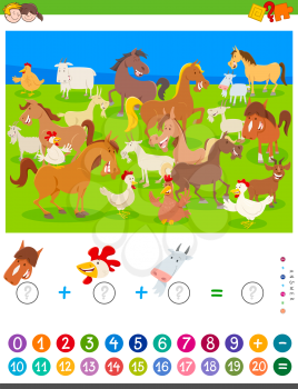 Cartoon Illustration of Educational Mathematical Counting and Addition Game for Children with Funny Farm Animal Characters