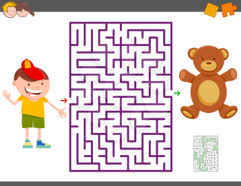 Cartoon Illustration of Education Maze Activity Game for Children with Boy and his Teddy Bear