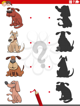 Cartoon Illustration of Match the Right Shadows with Pictures Educational Game for Children with Comic Dog Characters