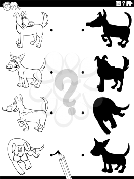 Black and White Cartoon Illustration of Match the Right Shadows with Pictures Educational Task for Children with Dogs and Puppies Characters Coloring Book Page
