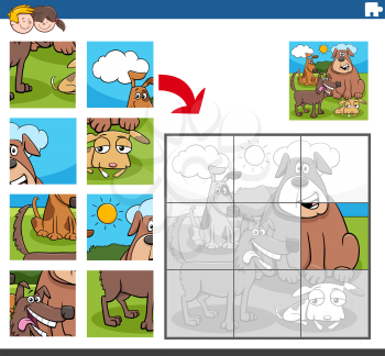 Cartoon Illustration of Educational Jigsaw Puzzle Game for Children with Dogs and Puppies Animal Characters Group