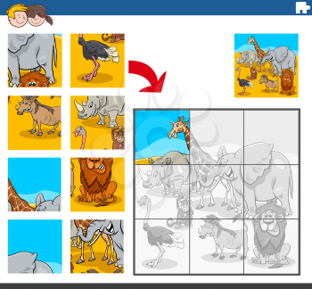 Cartoon Illustration of Educational Jigsaw Puzzle Task for Children with Wild African Animal Characters Group