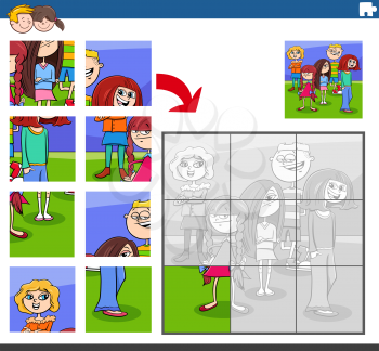 Cartoon Illustration of Educational Jigsaw Puzzle Task for Children with Kids and Teen Characters Group