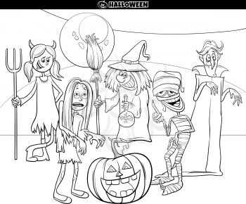 Black and White Cartoon Illustration of Halloween Holiday Comic Characters Group Coloring Book Page