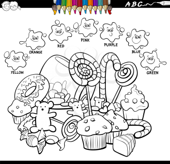 Black and White Cartoon Illustration of Basic Colors Educational Worksheet with Candies and Sweet Food Objects Group Coloring Book Page