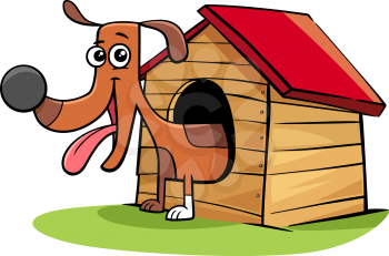 Cartoon Illustration of Happy Dog Comic Animal Character in his Doghouse