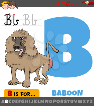 Educational cartoon illustration of letter B from alphabet with baboon animal for children 