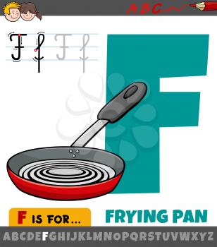 Educational cartoon illustration of letter F from alphabet with frying pan for children 