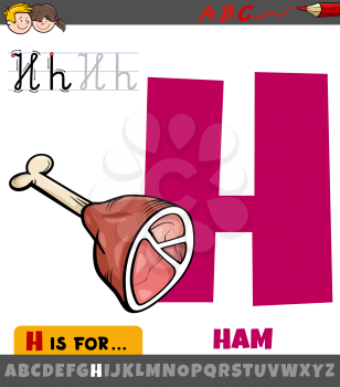 Educational cartoon illustration of letter H from alphabet with ham for children 