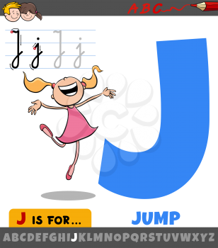 Educational cartoon illustration of letter J from alphabet with jump word for Children 