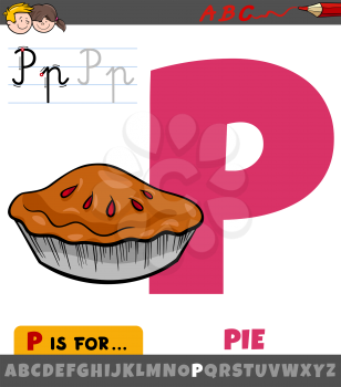 Educational cartoon illustration of letter P from alphabet with pie for children 