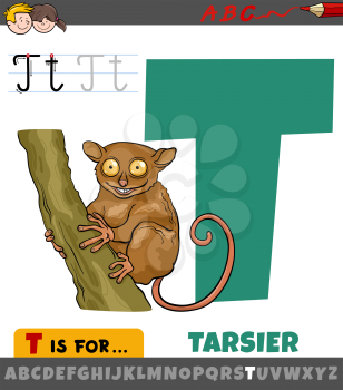 Educational cartoon illustration of letter T from alphabet with tarsier animal character for children 