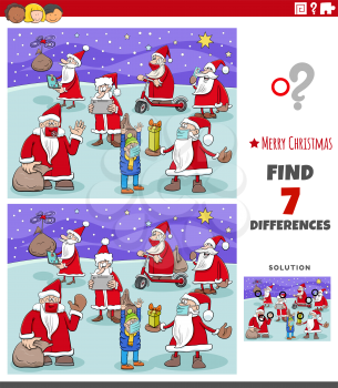 Cartoon illustration of finding differences between pictures educational game for children with Christmas Santa Claus characters