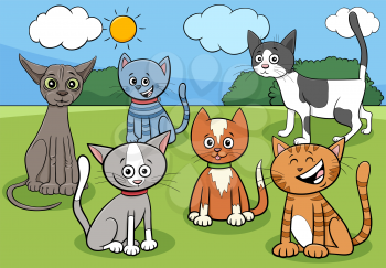 Cartoon Illustration of Cats and Kittens Comic Animal Characters Group in the Park