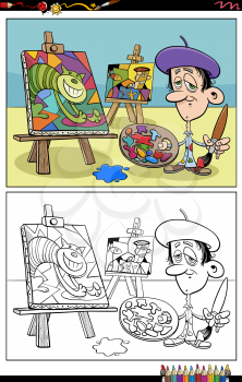 Cartoon illustration of painter in his studio coloring book page