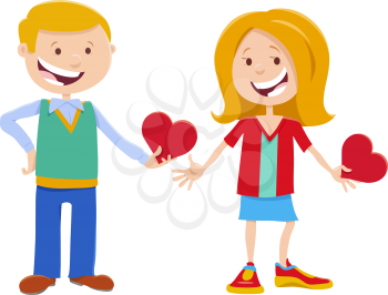 Greeting card cartoon illustration with girl and boy cute characters with Valentines Day cards