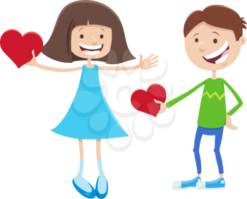 Greeting card cartoon illustration with girl and boy cute characters with Valentines