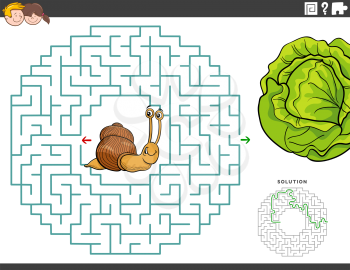 Cartoon illustration of educational maze puzzle game for children with funny snail and lettuce