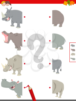 Cartoon Illustration of Educational Game of Matching Halves of Cute Hippos and Rhinos Animal Characters