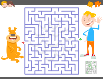 Cartoon Illustration of Education Maze Activity Game for Children with Boy and his Dog