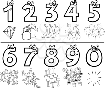 Black and White Cartoon Illustration of Educational Numbers Collection from One to Nine with Objects Coloring Book