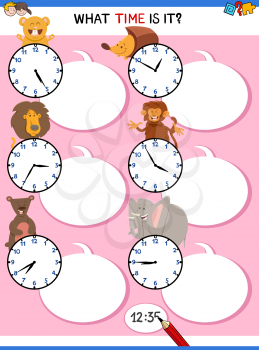 Cartoon Illustrations of Telling Time Educational Activity with Clock Face and Animals for Kids