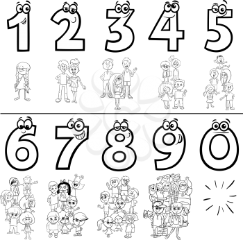 Black and White Cartoon Illustration of Educational Numbers Set from One to Nine with Children and Teen Characters Coloring Book Page