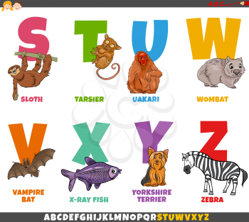 Cartoon Illustration of Educational Colorful Alphabet Set from Letter S to Z with Comic Animal Characters