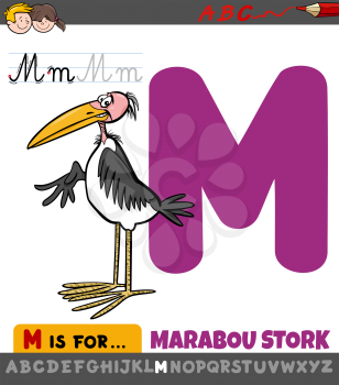 Educational Cartoon Illustration of Letter M from Alphabet with Marabou Stork Animal Character for Children 