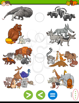 Cartoon Illustration of Educational Mathematical Puzzle Game of Greater Than, Less Than or Equal to for Children with Wild Animal Characters