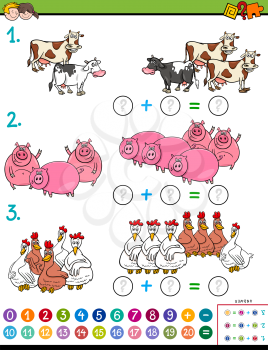 Cartoon Illustration of Educational Mathematical Subtraction Puzzle Task for Kids with Farm Animal Characters