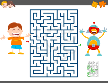 Cartoon Illustration of Education Maze Activity Game for Children with Little Boy and his Toy Robot