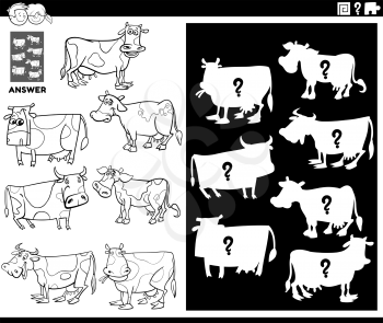 Black and White Cartoon Illustration of Match Objects and the Right Shape or Silhouette with Cows Farm Animal Characters Educational Game for Children Coloring Book Page