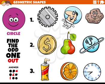 Cartoon Illustration of Circle Geometric Shape Educational Odd One Out Task for Kids