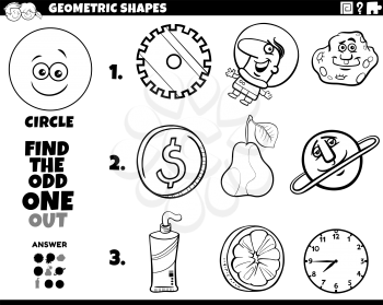 Black and White Cartoon Illustration of Circle Geometric Shape Educational Odd One Out Task for Children Coloring Book Page