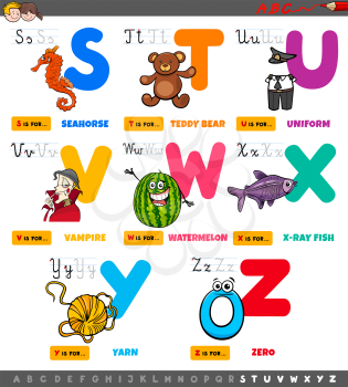 Cartoon Illustration of Capital Letters Alphabet Educational Set for Reading and Writing Practise for Elementary Age Children from S to Z
