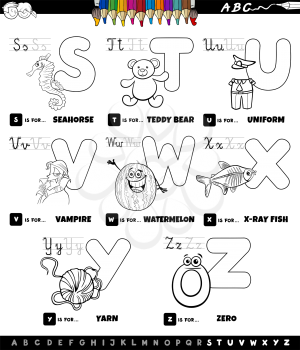 Black and White Cartoon Illustration of Capital Letters Alphabet Educational Set for Reading and Writing Practise for Elementary Age Children from S to Z Coloring Book Page