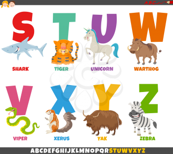 Cartoon Illustration of Colorful Alphabet Set from Letter S to Z with Funny Animal Characters