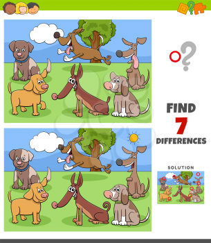 Cartoon Illustration of Finding Differences Between Pictures Educational Game for Children with Dogs Characters Group