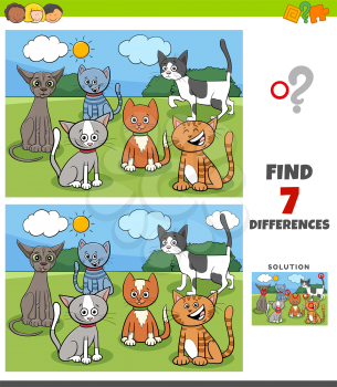 Cartoon Illustration of Finding Differences Between Pictures Educational Game for Children with Cats Characters Group