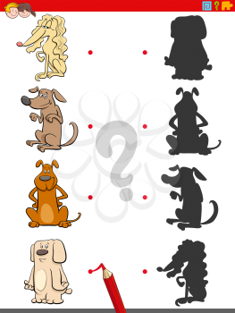 Cartoon Illustration of Match the Right Shadows with Pictures Educational Game for Children with Dogs Animal Characters