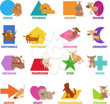 Educational Cartoon Illustration of Basic Geometric Shapes with Captions and Dogs Animal Characters for Preschool and Elementary Age Children