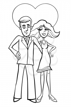 Black and white Valentines Day greeting card cartoon illustration with young people couple characters in love