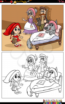 Cartoon illustration of Little Red Riding Hood fairy tale characters group coloring book page