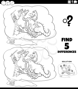Black and white cartoon illustration of finding the differences between pictures educational game with girl's fantasy dream coloring book page