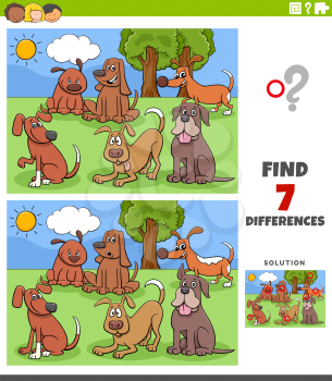 Cartoon Illustration of Finding Differences Between Pictures Educational Task for Kids with Funny Dog Characters Group