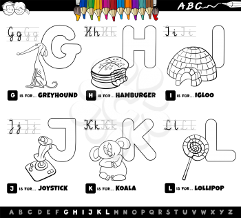 Black and White Cartoon Illustration of Capital Letters Alphabet Educational Set for Reading and Writing Learning for Preschool and Elementary Age Children from G to L Coloring Book Page