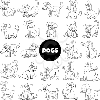 Black and White Cartoon Illustration of Dogs and Puppies Pet Animal Characters Big Set